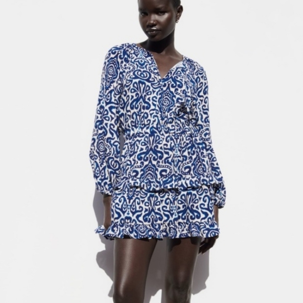 Zara Printed Blue & White Boho Long Sleeve Mini Dress
